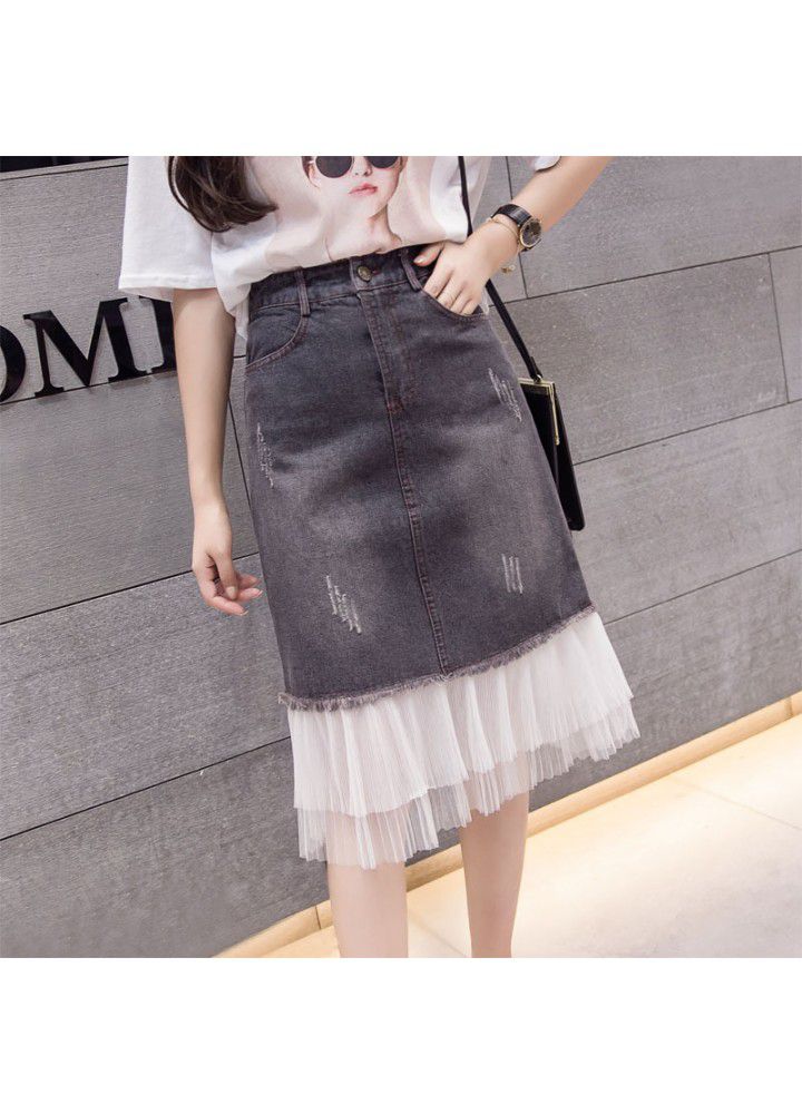 Real shot 2021 spring and summer new Korean versatile high waist denim mesh skirt