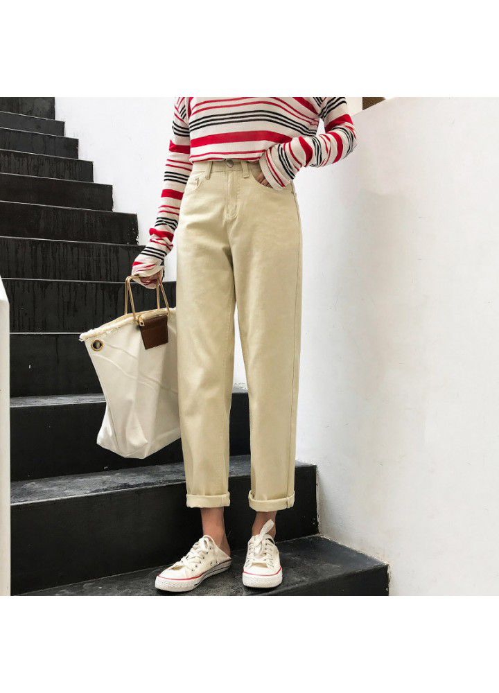 2021 new cross border women's wear Korean college loose and comfortable jeans female student BF wind small straight leg Capris