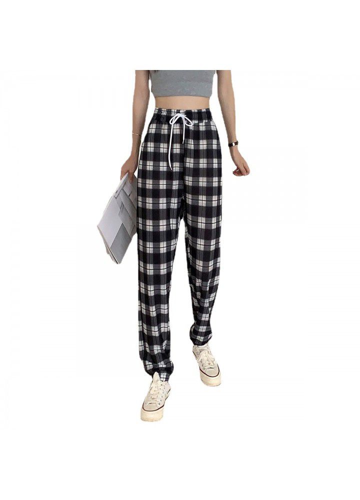 Plaid pants lantern pants summer thin loose wide leg net red casual drawstring quarter sport Leggings