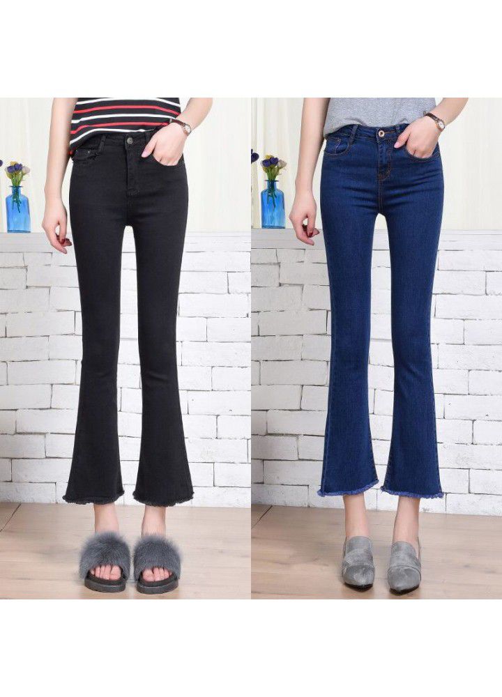 High waist 9-point flared jeans girls' stretch slim hem 9-point pants women's Korean tassel pants