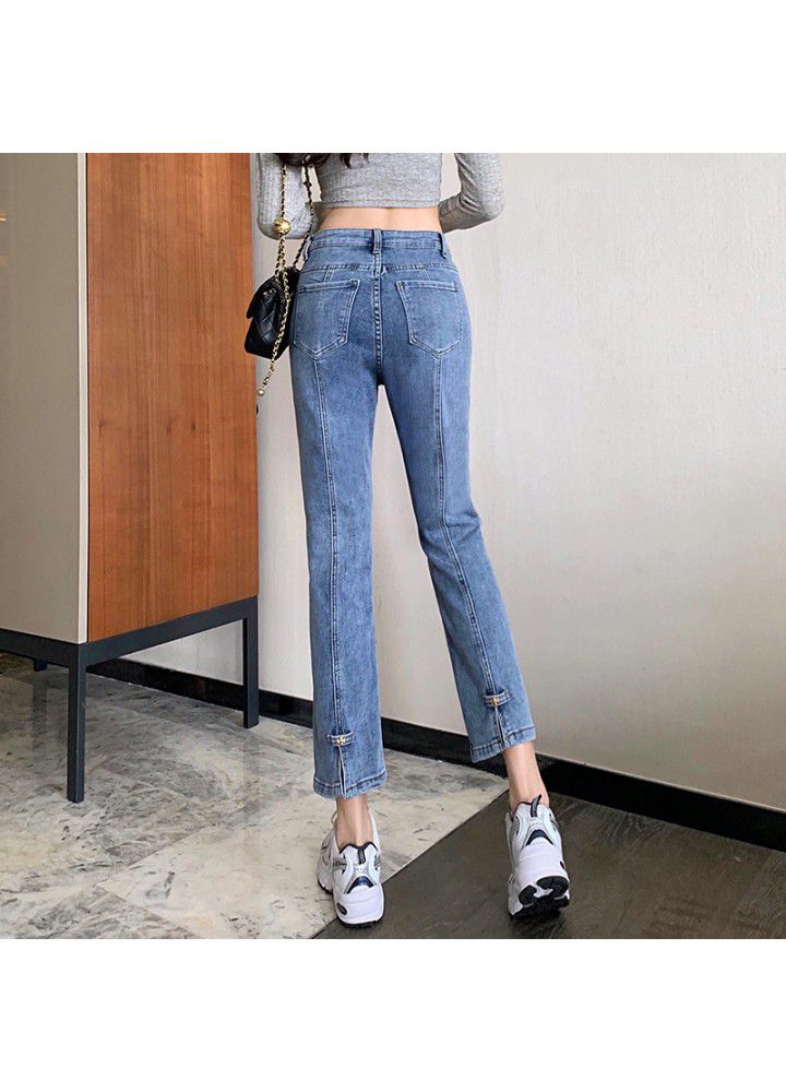 2021 new spring high waist split straight jeans women's spring elastic small pipe Pants Capris