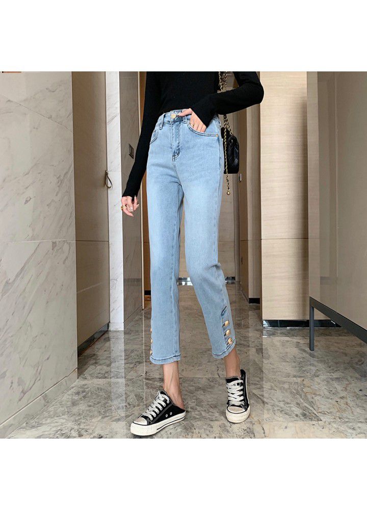 Real photo in spring and summer of 2021 jeans women's slim high waisted breasted cropped straight pipe pants