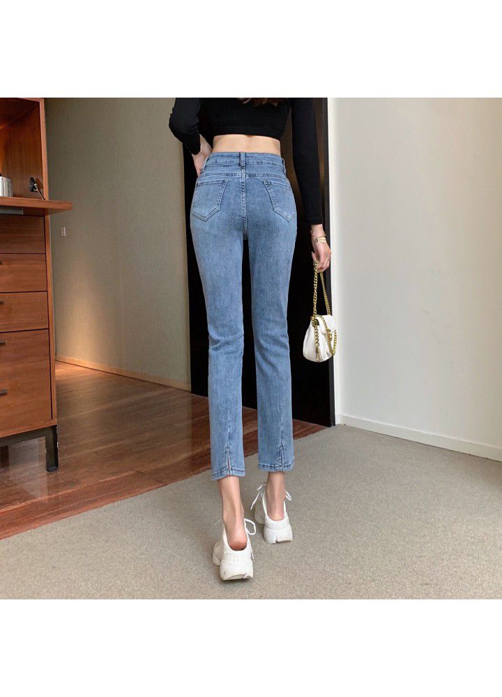 2021 spring new style flannel nine point denim pipe pants with split elastic high waist and straight tube, slim and fashionable