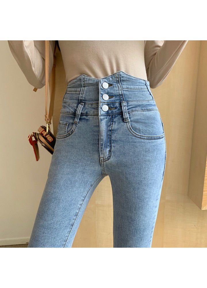 Spring and summer 2021 new Korean version net red high waist skinny jeans elastic tight nine point small foot pencil pants