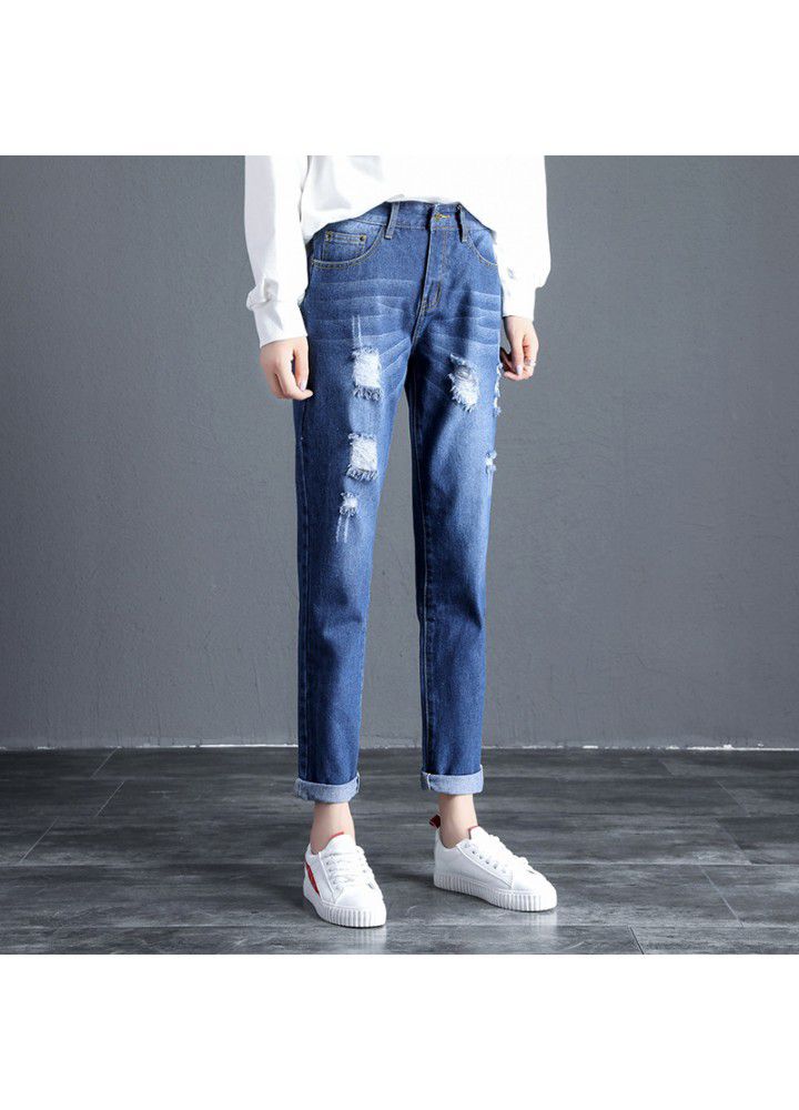 Slim jeans women's hole 9-point-2021 new fashion women's summer SLIM STRAIGHT pants
