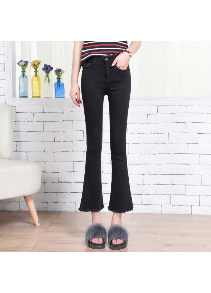 High waist 9-point flared jeans girls' stretch slim hem 9-point pants women's Korean tassel pants