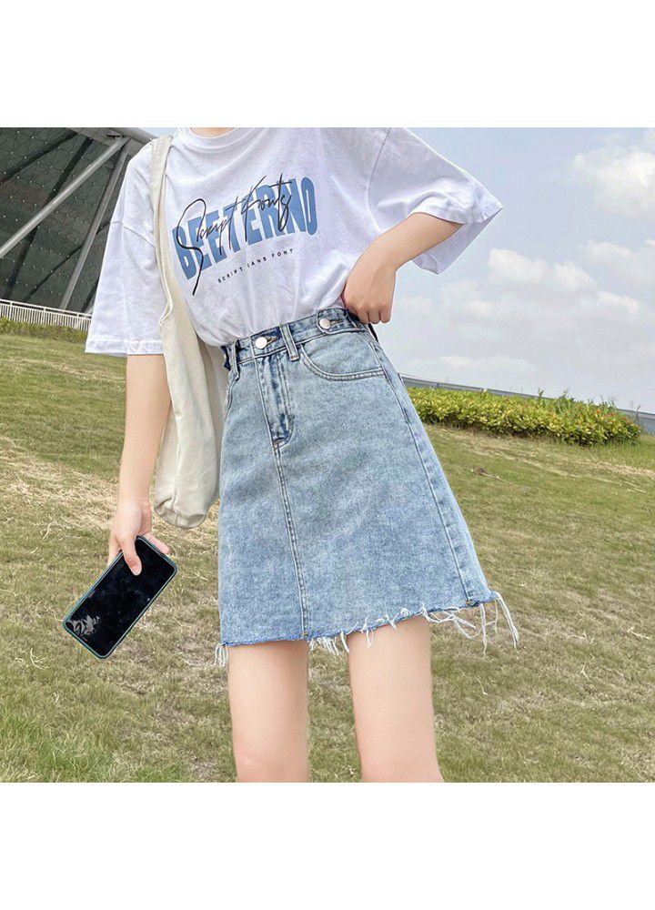 High waisted FLANNEL Denim Skirt women show thin summer thin cotton 2021 new small bag hip A-line short skirt fashion