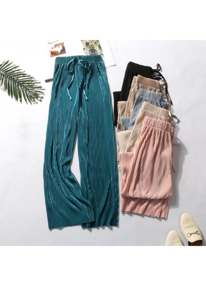 Pleated ice silk wide leg pants women's high waist drop 2021 summer thin loose long floor pants casual pants