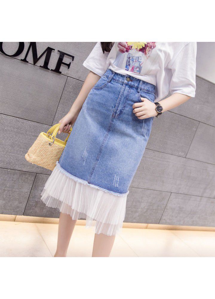 Real shot 2021 spring and summer new Korean versatile high waist denim mesh skirt