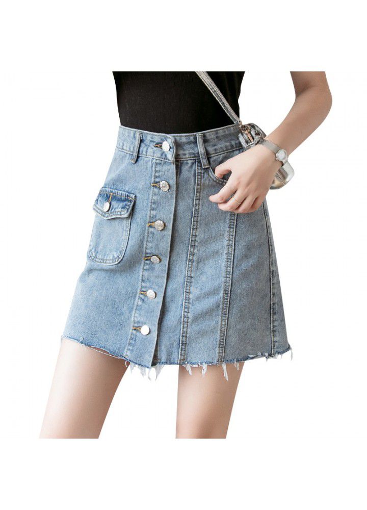 Denim Short Skirt high waist A-line skirt summer 2020 Korean new Hong Kong style single breasted skirt for female students