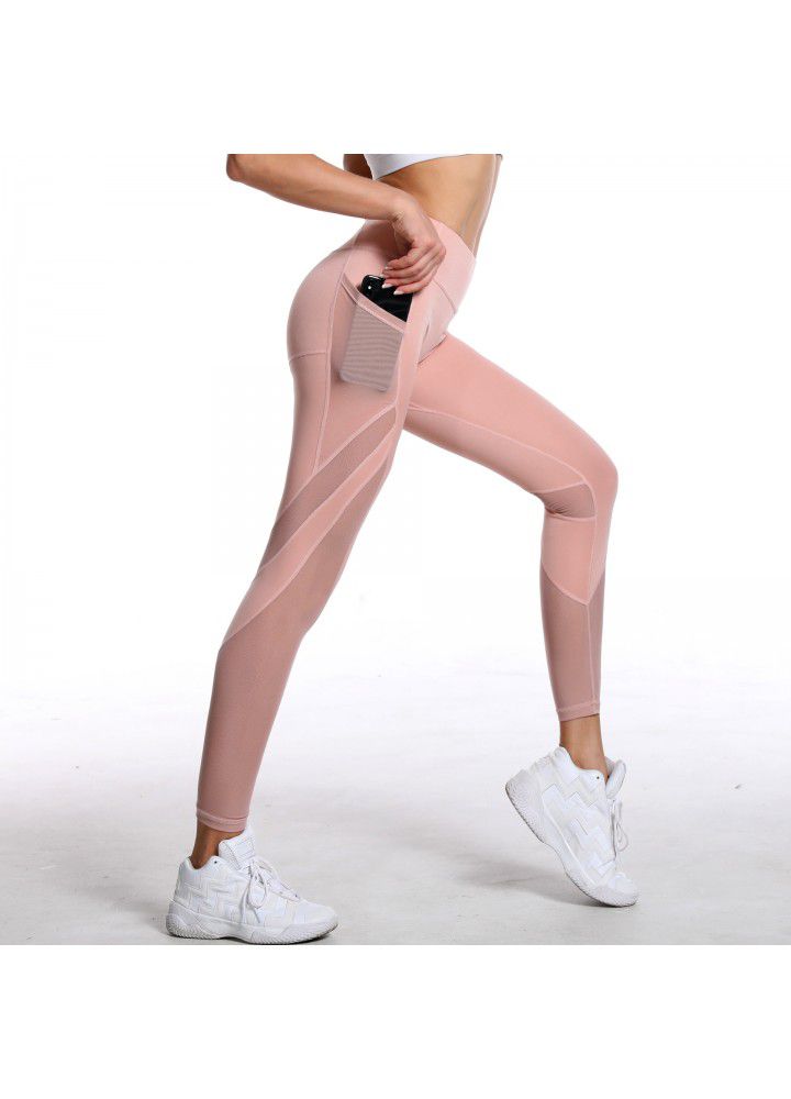 2020 express Fitness Yoga Pants cross border mobile phone pocket sports pants new mesh stitching Leggings in Europe and America