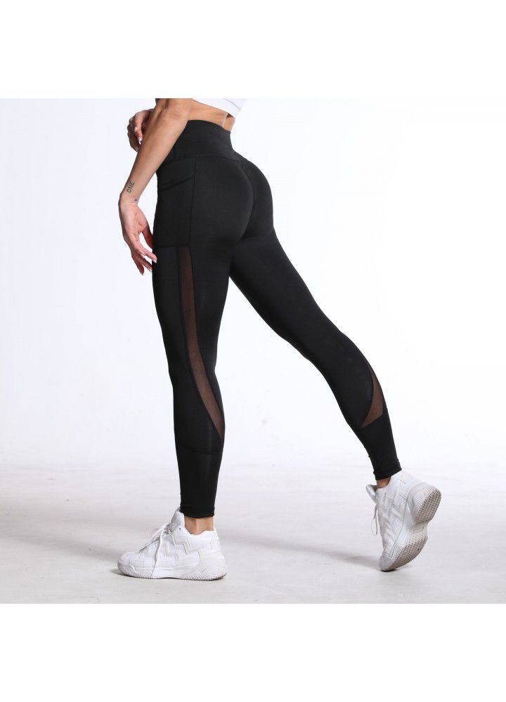 Cross border exclusive Amazon eBay Pocket Yoga Pants women's mesh stitching hip lifting tight sports running fitness pants