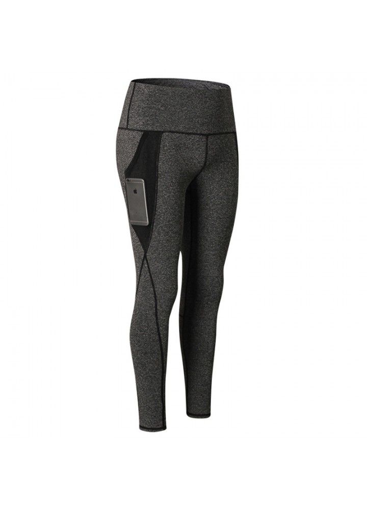 Cross border women's Yoga Pants European and American mesh pocket running tights high waist elastic quick drying sports fitness pants