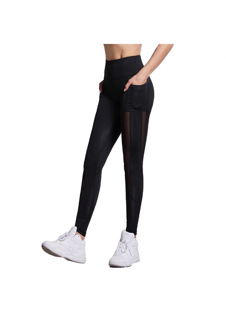 Cross border exclusive Amazon eBay Pocket Yoga Pants women's mesh stitching hip lifting tight sports running fitness pants