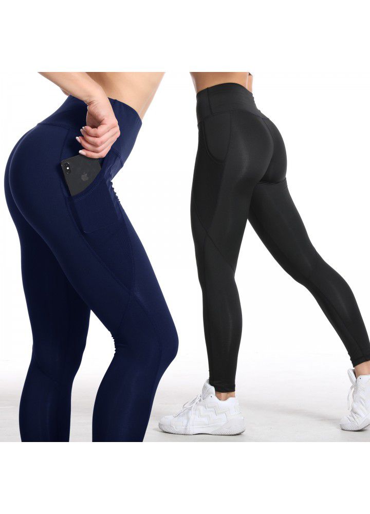 Cross border women's Yoga Pants European and American mesh pocket running tights high waist elastic quick drying sports fitness pants