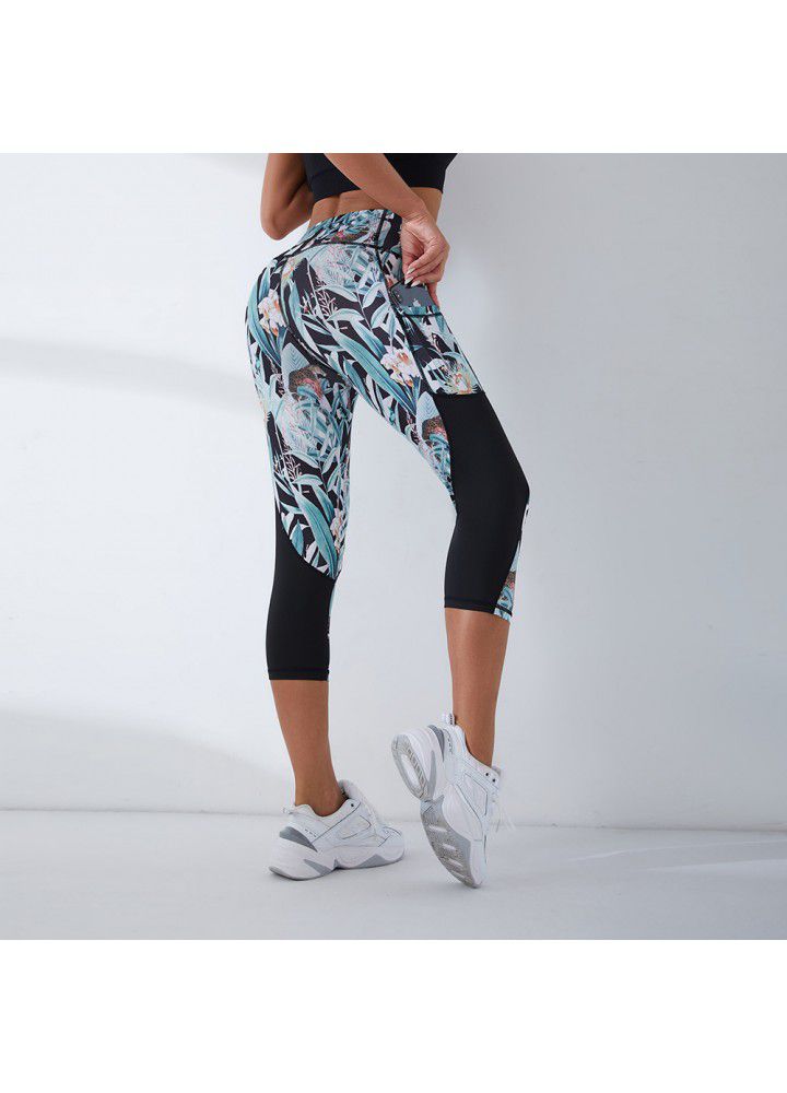 2021 new printed Yoga Pants cross border training high stretch fitness foreign trade pocket Capris women's sports pants