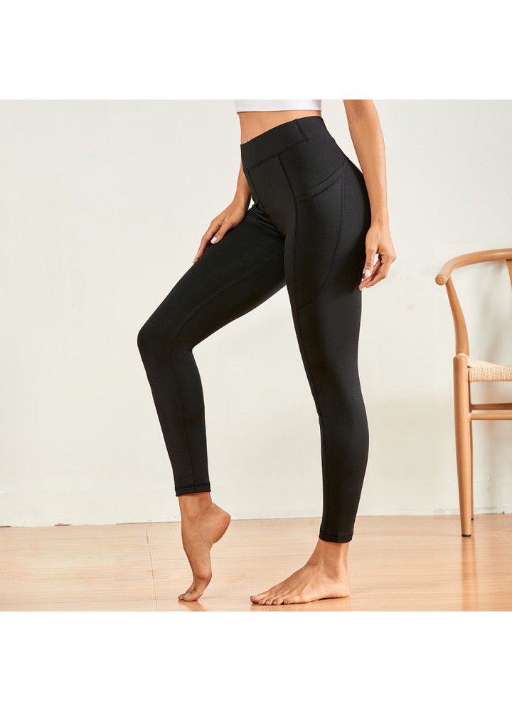 European and American Yoga Pants popular high waist Leggings outdoor running fitness pants solid color mobile phone pocket tights