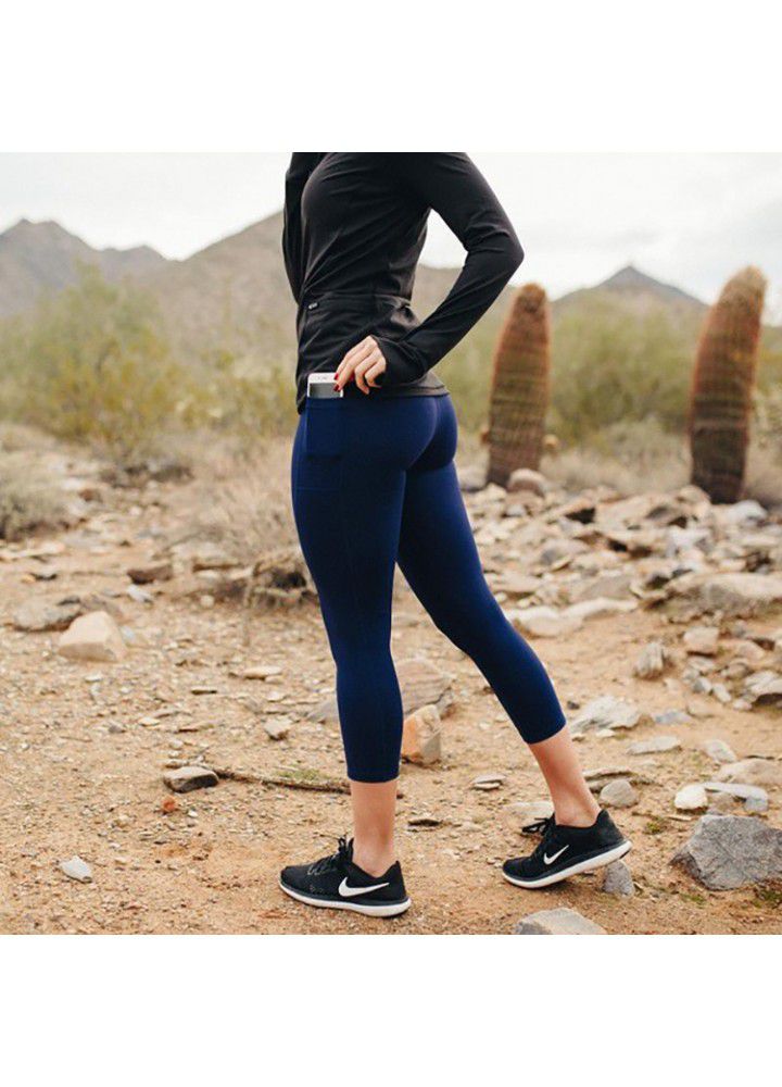 European and American high waist Yoga Capris wish foreign trade solid color mobile phone pocket women's Yoga Pants cross border fitness pants women