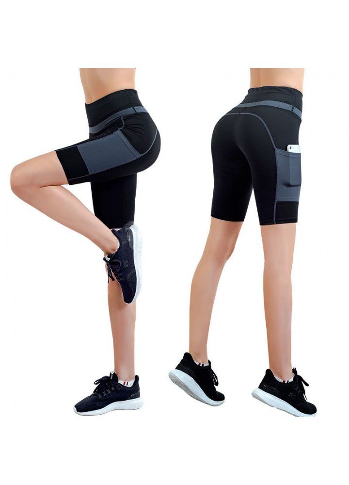 Cross border Capris European and American sports running side pocket shorts tight high waist Capris Yoga Pants women's fitness pants