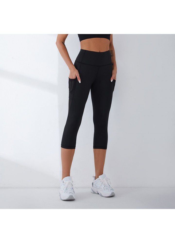 Cross border net ribbon Pocket Yoga Pants European and American high waist abdominal Capris slim Leggings women's style