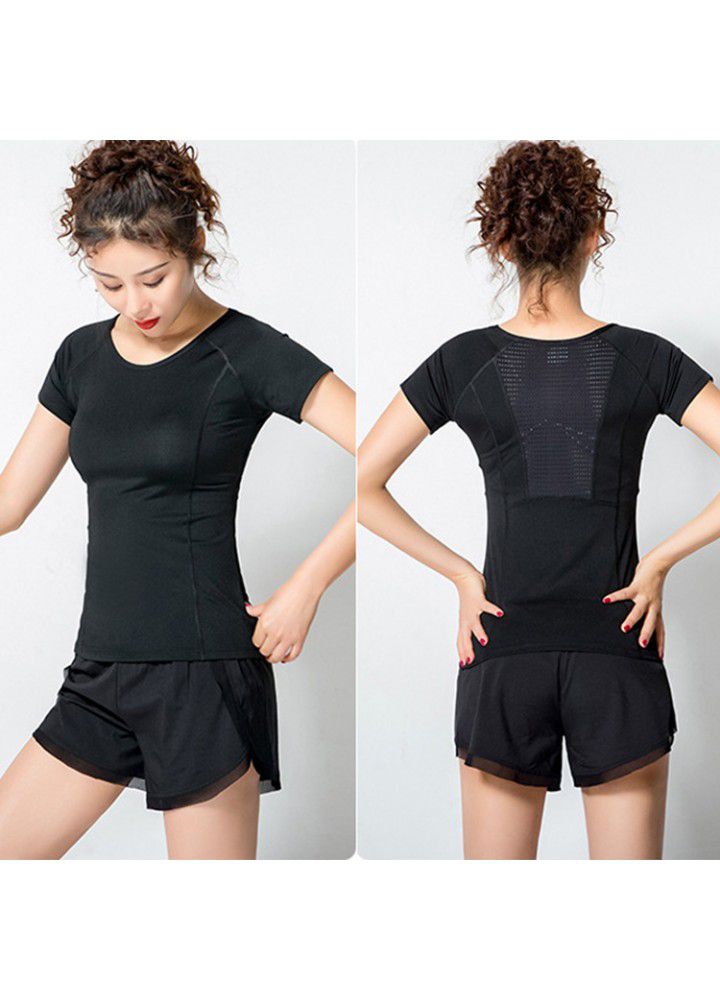 Cross border Yoga short sleeve t-shirt female mesh quick drying clothes sexy back yoga clothes European and American running fitness clothes