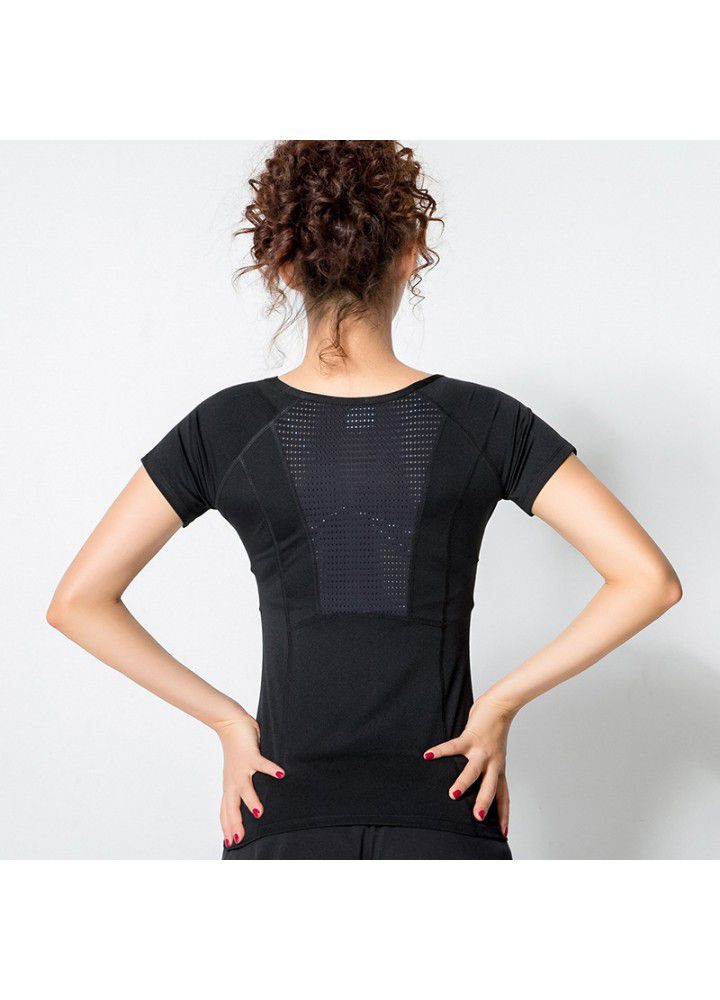 Cross border Yoga short sleeve t-shirt female mesh quick drying clothes sexy back yoga clothes European and American running fitness clothes