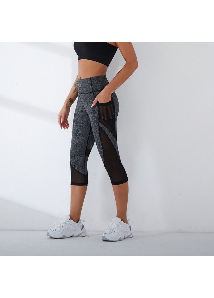 2021 new printed Yoga Pants cross border training high stretch fitness foreign trade pocket Capris women's sports pants
