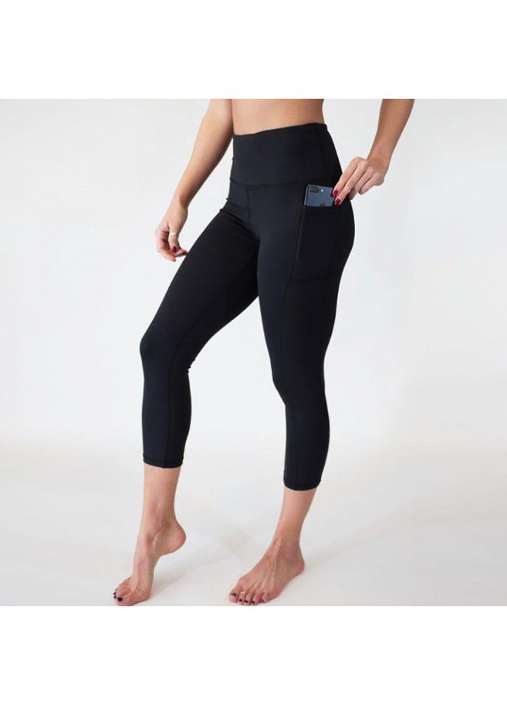 European and American high waist Yoga Capris wish foreign trade solid color mobile phone pocket women's Yoga Pants cross border fitness pants women