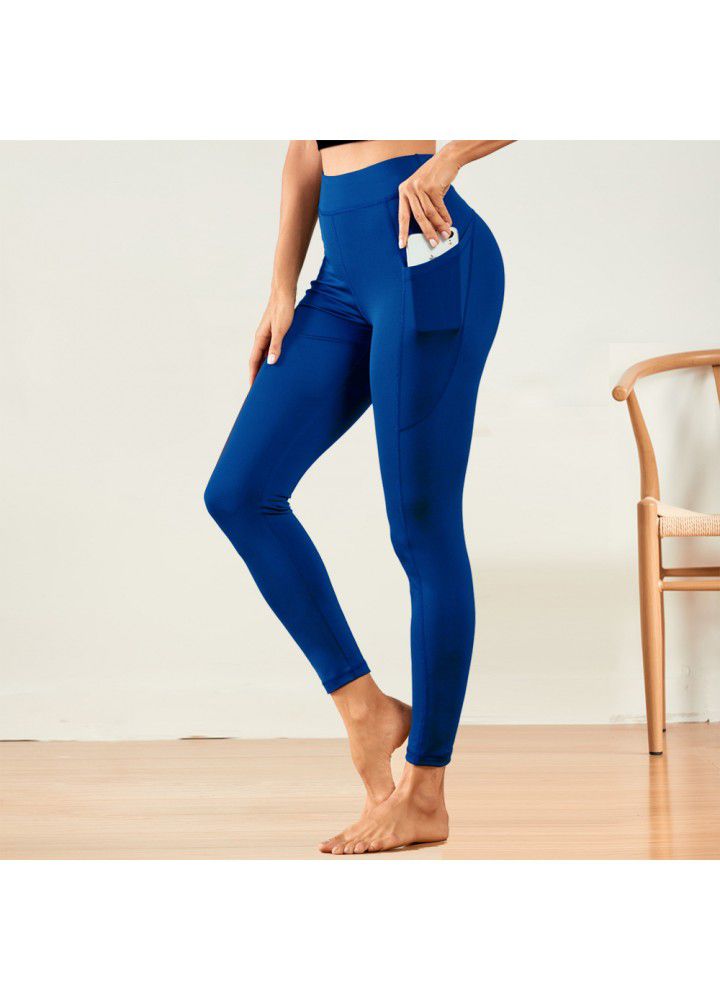 European and American Yoga Pants popular high waist Leggings outdoor running fitness pants solid color mobile phone pocket tights