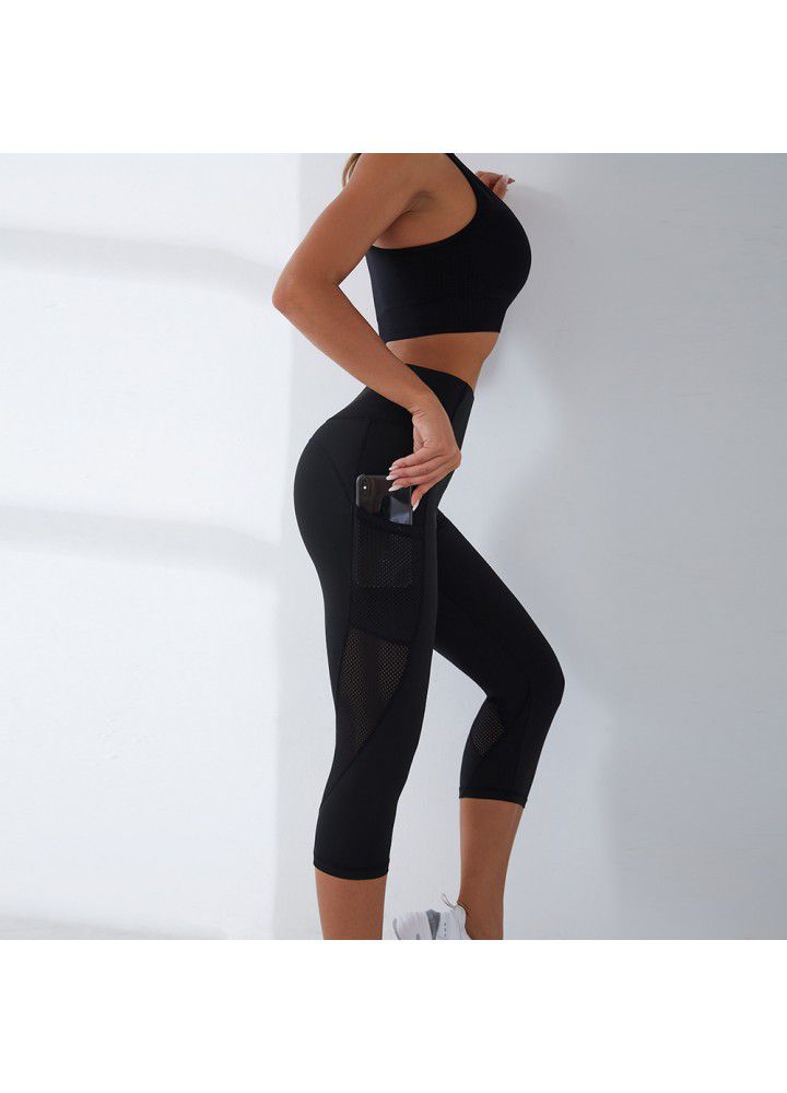 Cross border net ribbon Pocket Yoga Pants European and American high waist abdominal Capris slim Leggings women's style