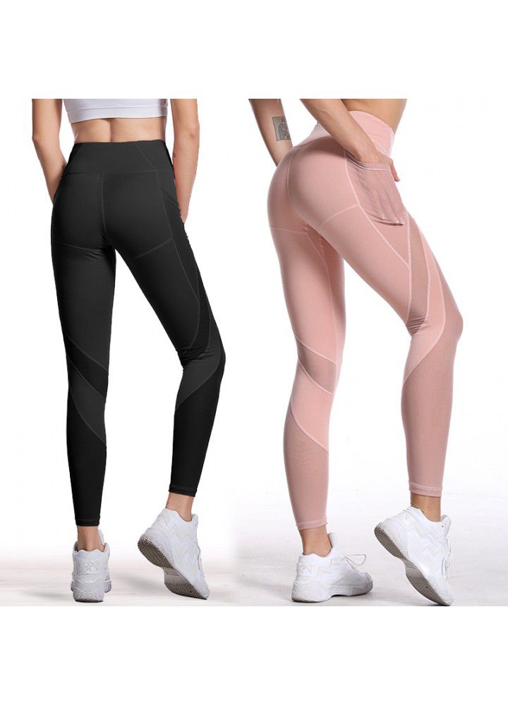 2020 express Fitness Yoga Pants cross border mobile phone pocket sports pants new mesh stitching Leggings in Europe and America