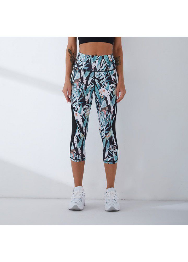 2021 new printed Yoga Pants cross border training high stretch fitness foreign trade pocket Capris women's sports pants