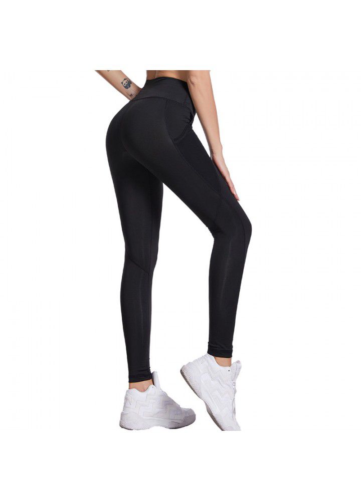 Cross border women's Yoga Pants European and American mesh pocket running tights high waist elastic quick drying sports fitness pants
