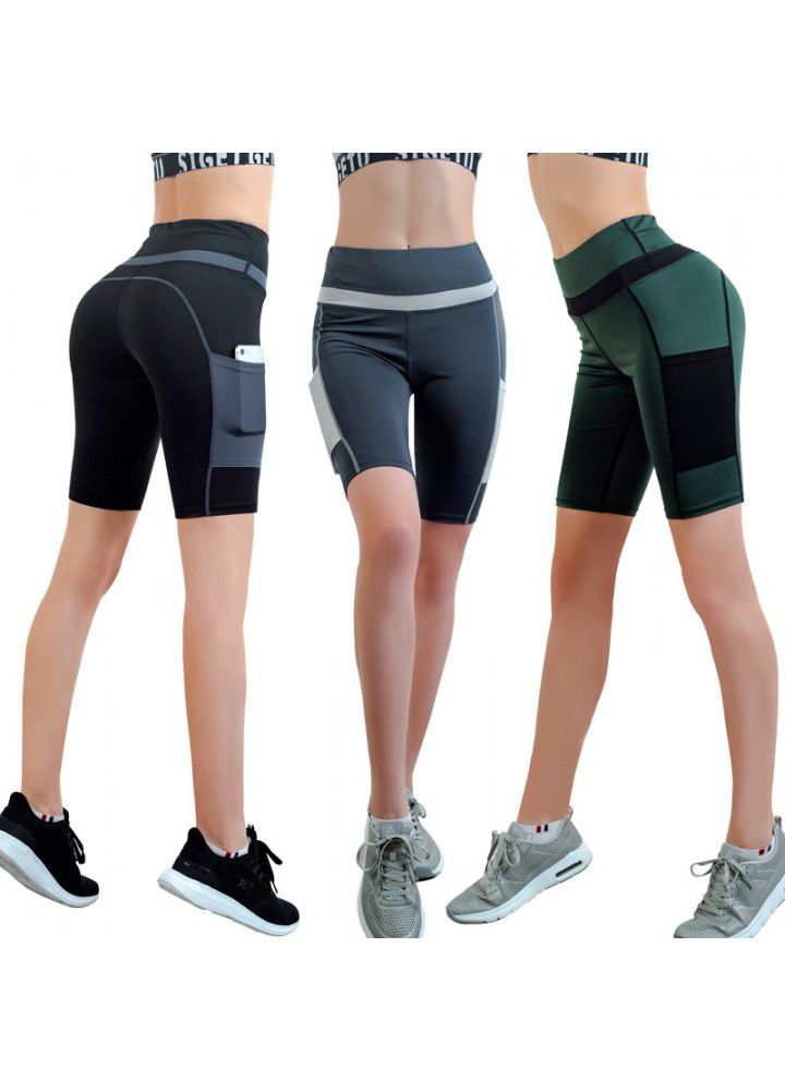 Cross border Capris European and American sports running side pocket shorts tight high waist Capris Yoga Pants women's fitness pants