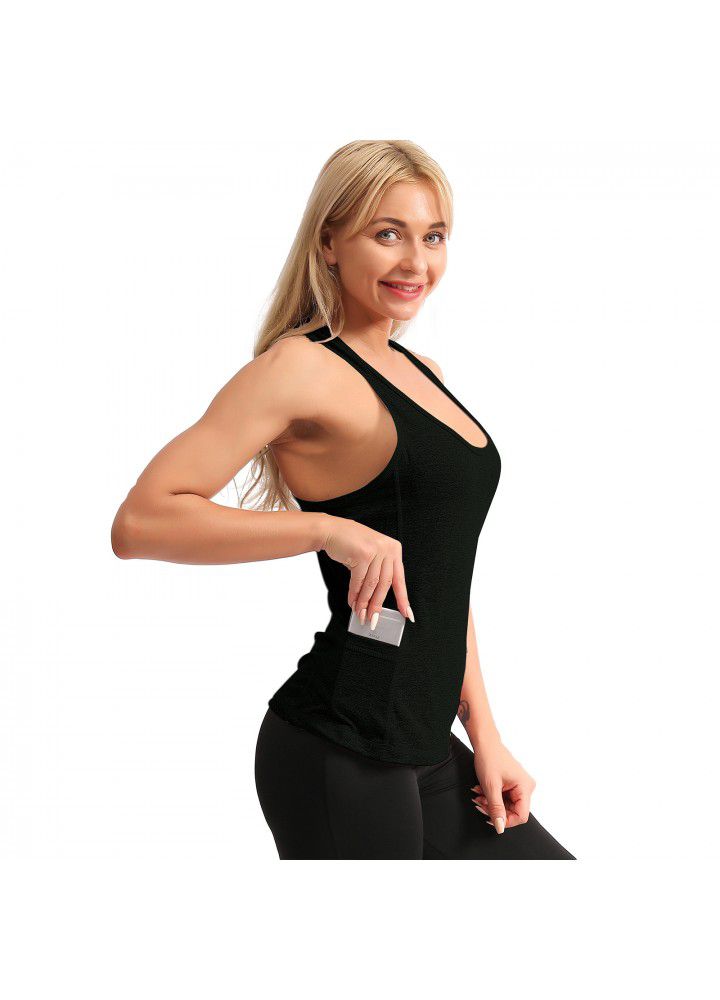 Cross border fast selling yoga clothes women's top, European and American sports vest, wearing foreign trade side pocket, running and fitness clothes women