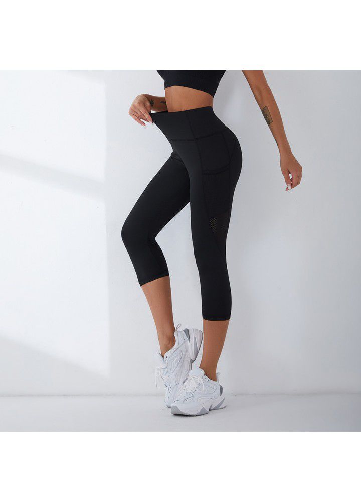 Cross border net ribbon Pocket Yoga Pants European and American high waist abdominal Capris slim Leggings women's style