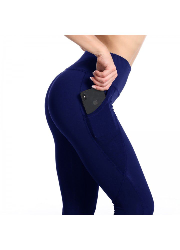 Cross border women's Yoga Pants European and American mesh pocket running tights high waist elastic quick drying sports fitness pants