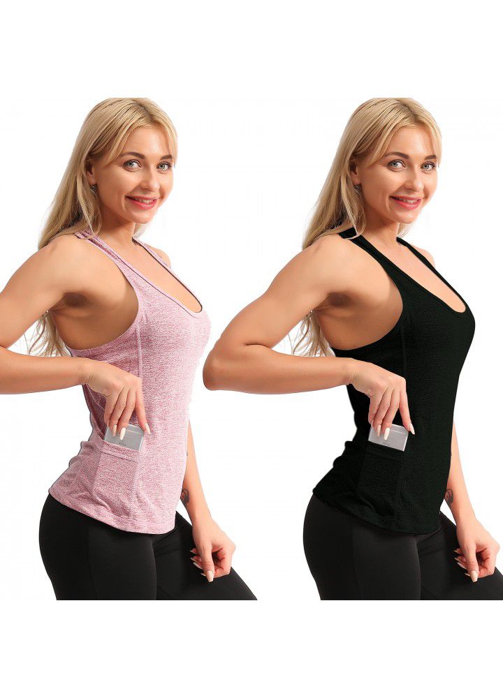 Cross border fast selling yoga clothes women's top, European and American sports vest, wearing foreign trade side pocket, running and fitness clothes women