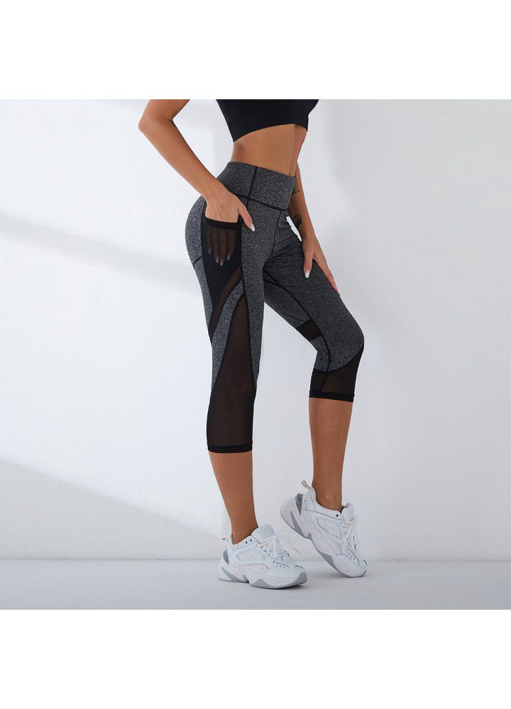 2021 new printed Yoga Pants cross border training high stretch fitness foreign trade pocket Capris women's sports pants