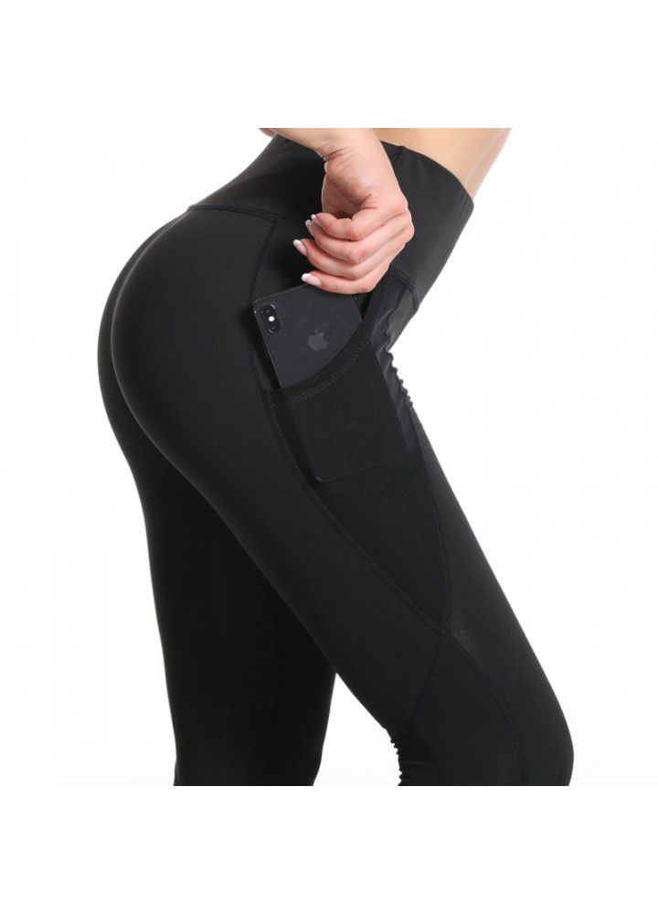Cross border women's Yoga Pants European and American mesh pocket running tights high waist elastic quick drying sports fitness pants