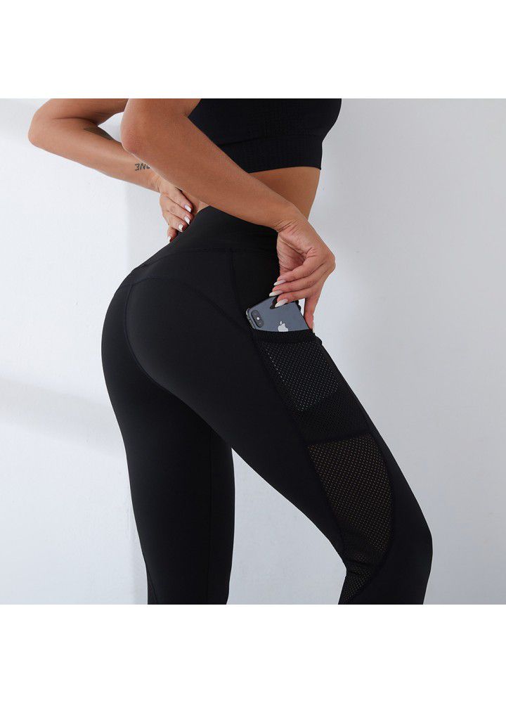 Cross border net ribbon Pocket Yoga Pants European and American high waist abdominal Capris slim Leggings women's style