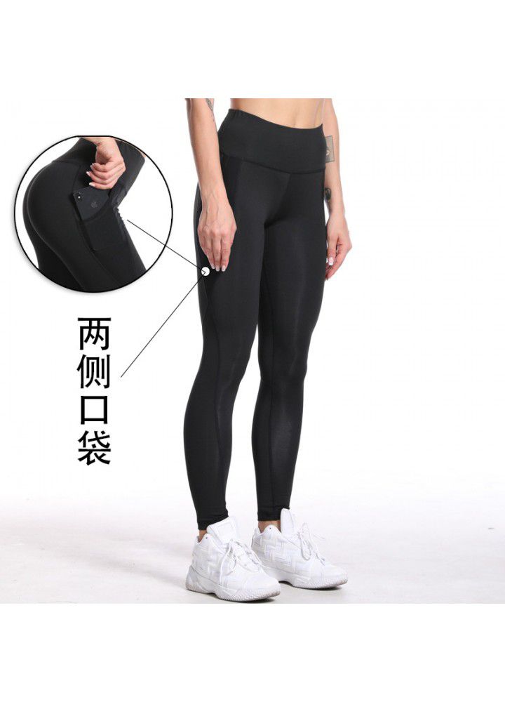 Cross border women's Yoga Pants European and American mesh pocket running tights high waist elastic quick drying sports fitness pants
