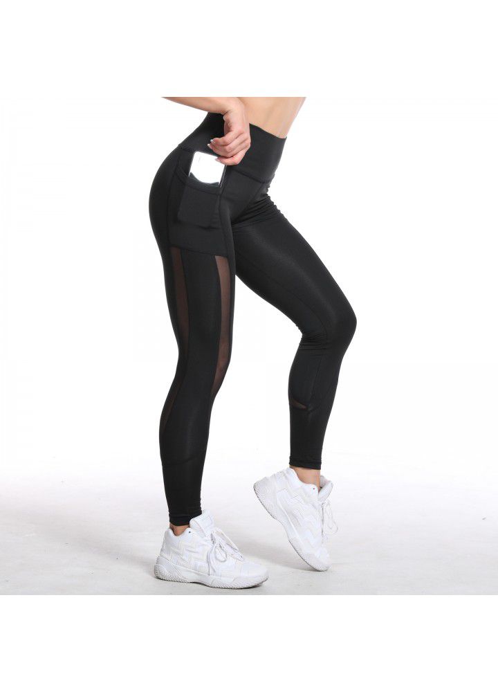 Cross border exclusive Amazon eBay Pocket Yoga Pants women's mesh stitching hip lifting tight sports running fitness pants