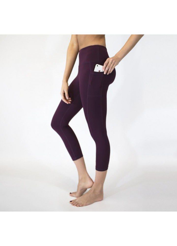 European and American high waist Yoga Capris wish foreign trade solid color mobile phone pocket women's Yoga Pants cross border fitness pants women