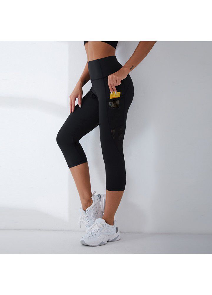 Cross border net ribbon Pocket Yoga Pants European and American high waist abdominal Capris slim Leggings women's style