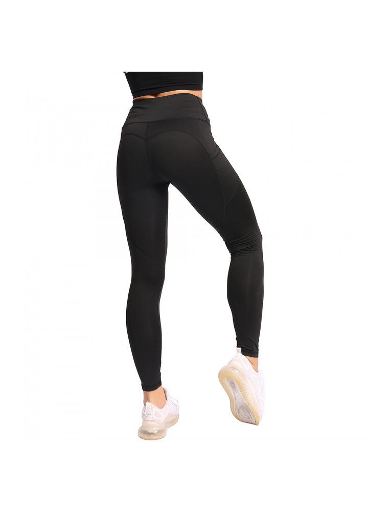 Cross border pocket sports tights women's European and American High Waist Stretch Yoga Pants running peach hip fitness pants women's nine cent