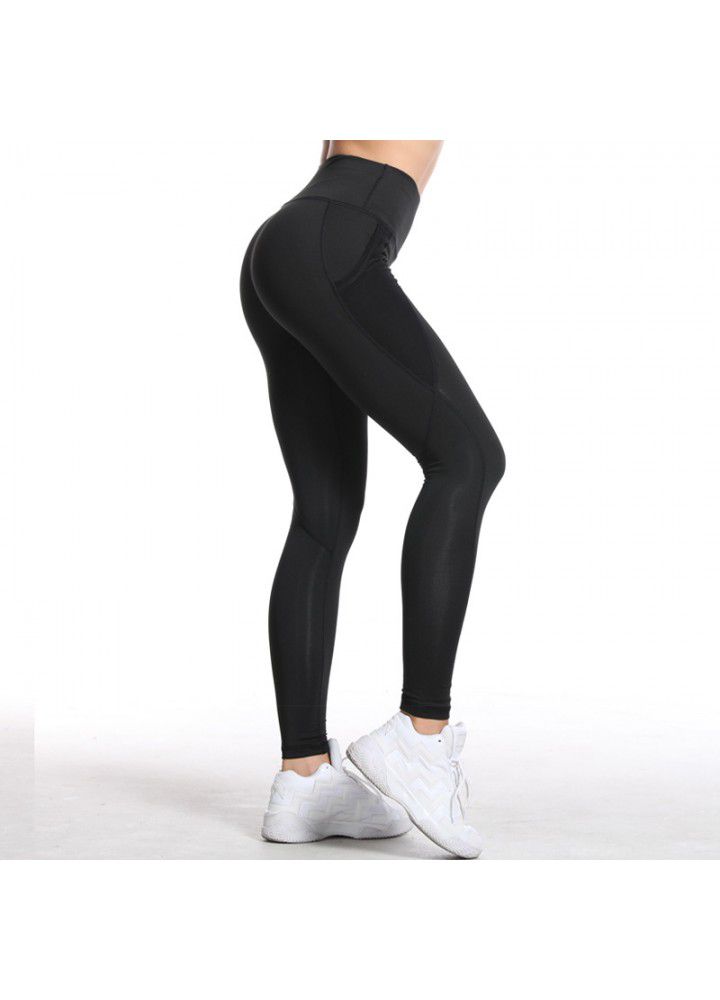 Cross border women's Yoga Pants European and American mesh pocket running tights high waist elastic quick drying sports fitness pants