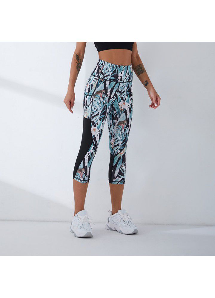 2021 new printed Yoga Pants cross border training high stretch fitness foreign trade pocket Capris women's sports pants