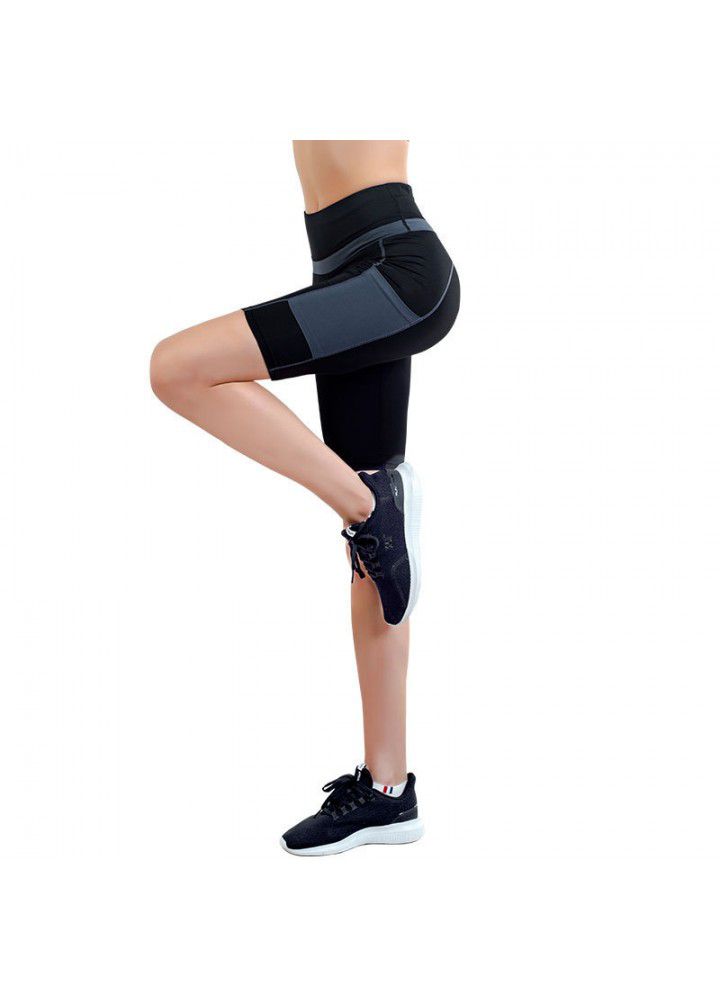 Cross border Capris European and American sports running side pocket shorts tight high waist Capris Yoga Pants women's fitness pants