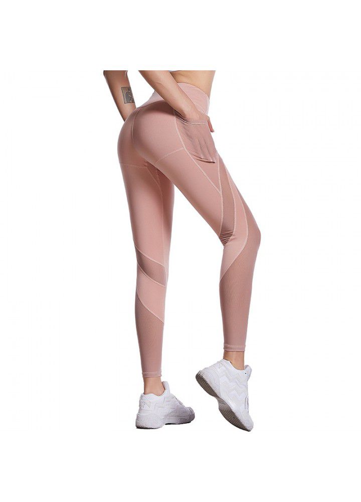 2020 express Fitness Yoga Pants cross border mobile phone pocket sports pants new mesh stitching Leggings in Europe and America